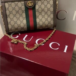 Gucci Beige and Brown Crossbody Bag with Gold Chain